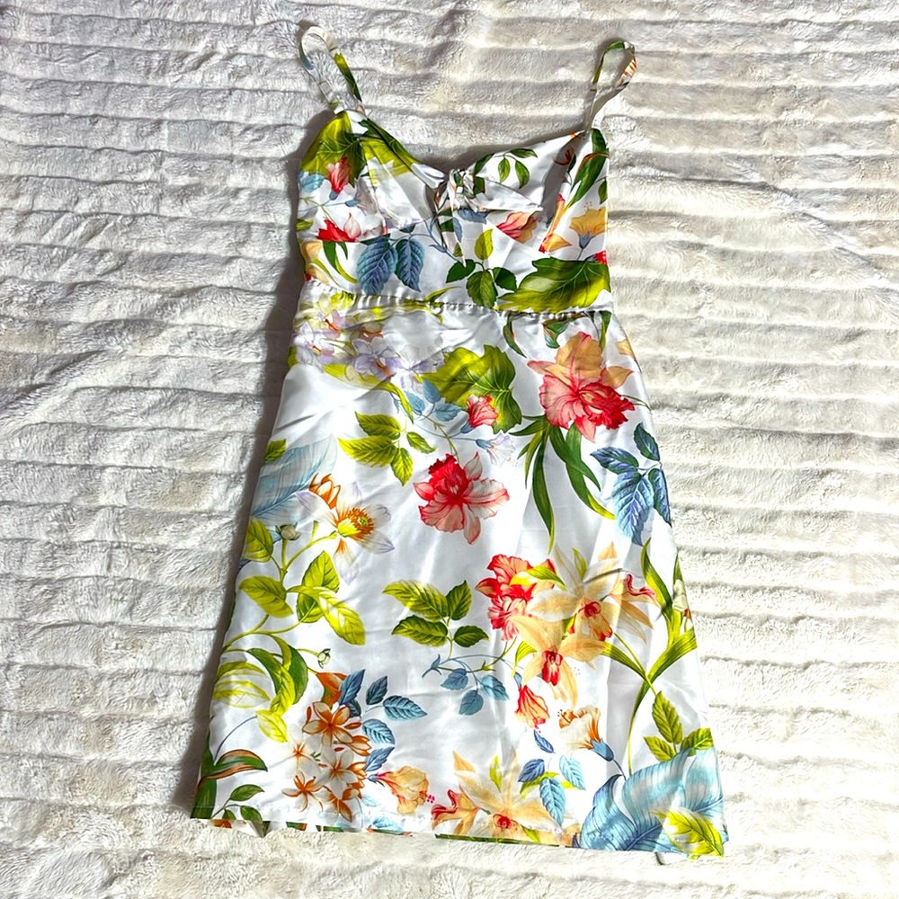 Tommy Bahama White Floral Mini Dress with Green, Pink and Blue Accents 100%silk